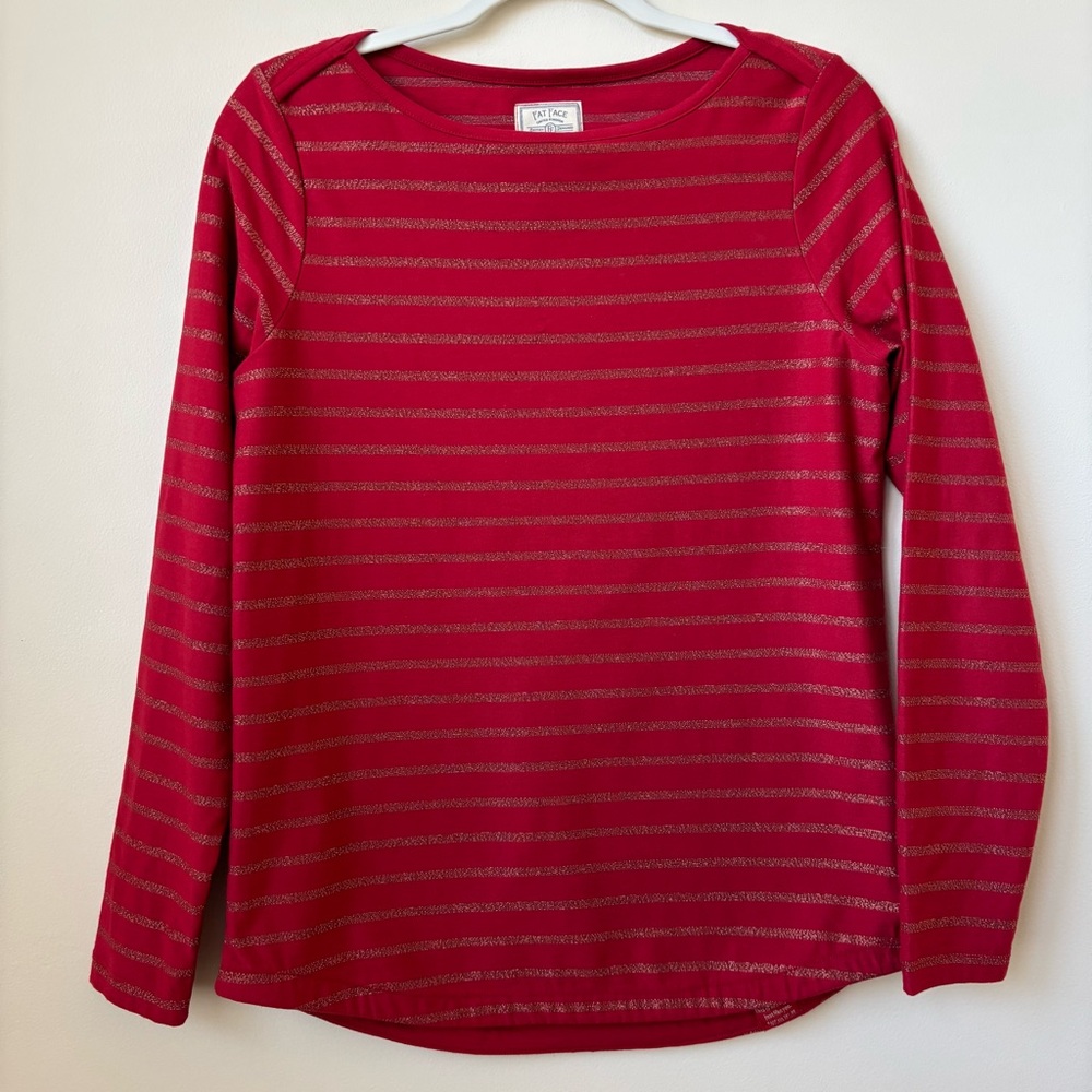 Fat Face Red Long Sleeve Gold Metallic Striped Organic Cotton Shirt Size 6